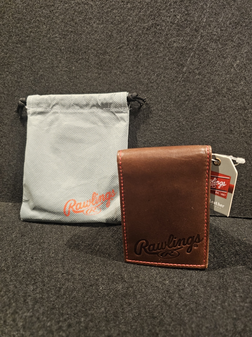 Rawlings Brown Leather Card Holder with Gray Drawstring Pouch